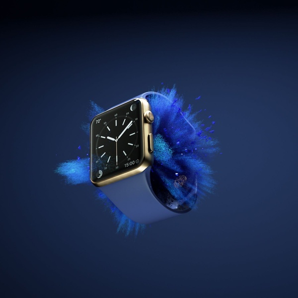 A high-end smart watch suspended in mid-air surrounded by a burst of blue dust, creating an abstract and premium visual impact.